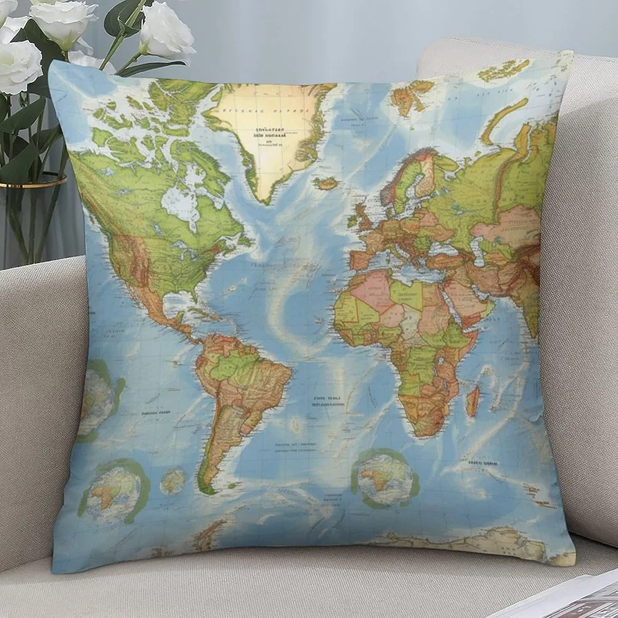 Throw Pillow Covers 17"x17" World Map Pillow Covers Decorative Square Pillowcases Soft Cozy Cushion Cases for Couch Sofa Bed Bedroom Living Room