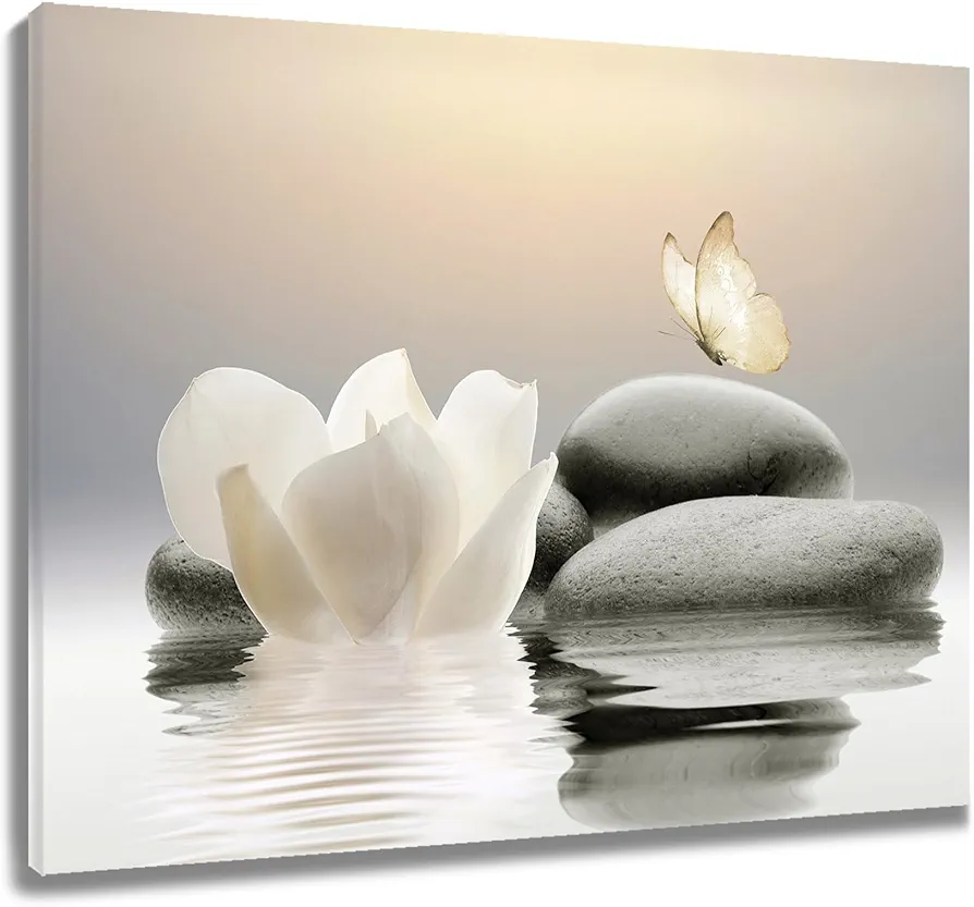 EOBTAIN Zen White Flower Canvas Wall Art Floral and Butterfly on Stone Modern Framed Picture Yoga Spa Spiritual Painting Artwork Print Decor for Bathroom Bedroom Living Room 24x16 Inches