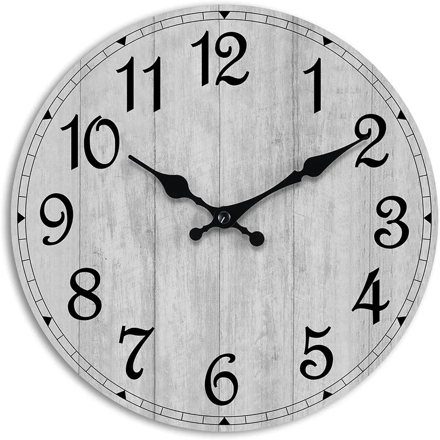 HYLANDA Wall Clock, 10 Inch Rustic Wall Clocks Battery Operated Silent Non Ticking, Country Round Wooden Clocks Farmhous Wall Decor for Bathroom, Living Room, Kitchen, Bedrooms, Dining Room (Gray)