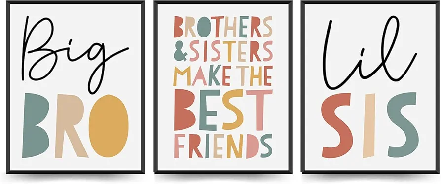 ETVISO Nursery Big Bro Lil Sis Wall Art Set of 3, Kids Room Wall Art, Sisters Brothers Prints, Play Room Decor for Kids, 8x10 (Unframed)