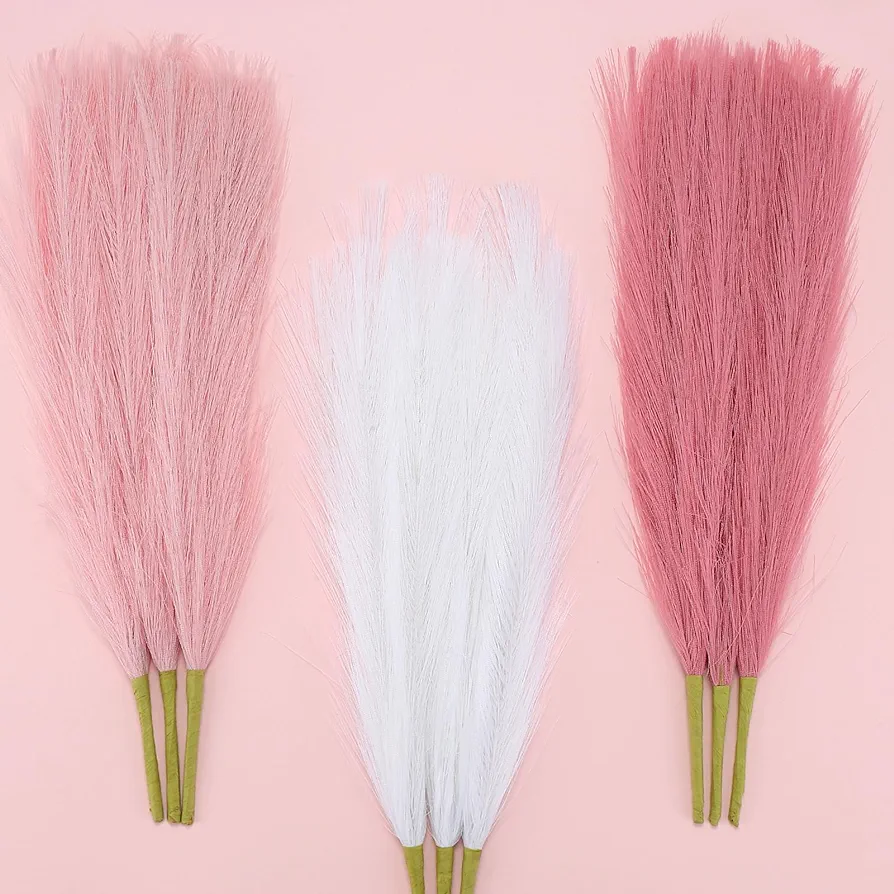 9 Pcs 17" Pampas Grass Pink White Decor Faux Dried Fluffy Fake Small Light Pink Pompas Artificial Pompous Short Stems Bouquet Flower Vase Filler Home Wedding Room Wall Decoration