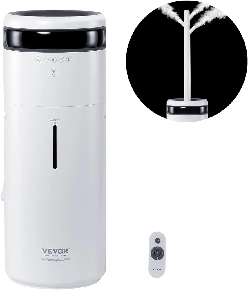 VEVOR Humidifier for Home Large Room, Commercial Humidifier for Whole House 1291.7 sq ft, 16L Water Tank & Night Light & 12h Timer & Auto Shut-Off, Greenhouse, Commercial Branch Tube w/ 360° Nozzle