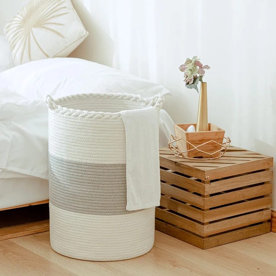 58L Woven Laundry Basket,Tall Wicker Laundry Basket for Blankets,Clothes,Pillows,Toys,Shoes Large Cotton Laundry Hamper for Bedroom Living Room Bathroom Grey