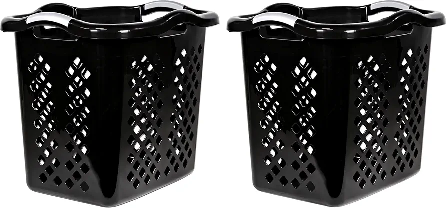 2 Pack Ultra Easy Carry Plastic Laundry Hamper, 2 Bushel Plastic Laundry Basket with Silver Handles,Dirty Clothes Laundry Hamper Bin for Home, Apartment, or Dorm Room, Black