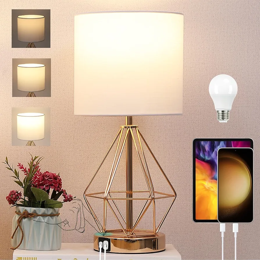 Table Lamp with USB Port, 3 Way Dimmable Touch Lamps for Nightstand, Modern Small Bedside Lamp with Fabric Shade, Gold Side Table Lamp for Bedroom Living Room, USB A & USB C, LED Bulb Included