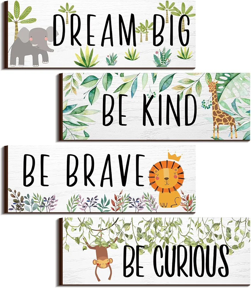 4 Pieces Woodland Nursery Decor Baby Safari Nursery Decor Kids Cute Jungle Animal Room Decor Nursery Decorations for Baby boy Bedroom Toddler Room 11x 3.9 Inches (White Background,Lively Animals)