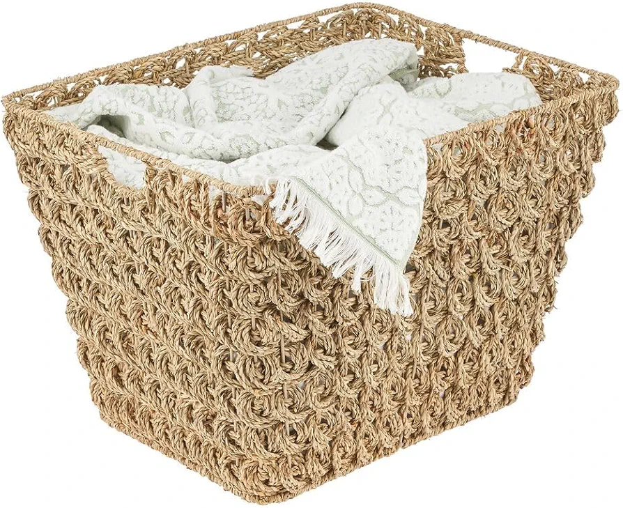 mDesign Woven Boho Seagrass Home Storage Hamper with Handles - Decorative Rectangle Braided Weaved Basket for Laundry, Closet, Bedroom, Bathroom, Living Room, Entryway, or Office - Natural