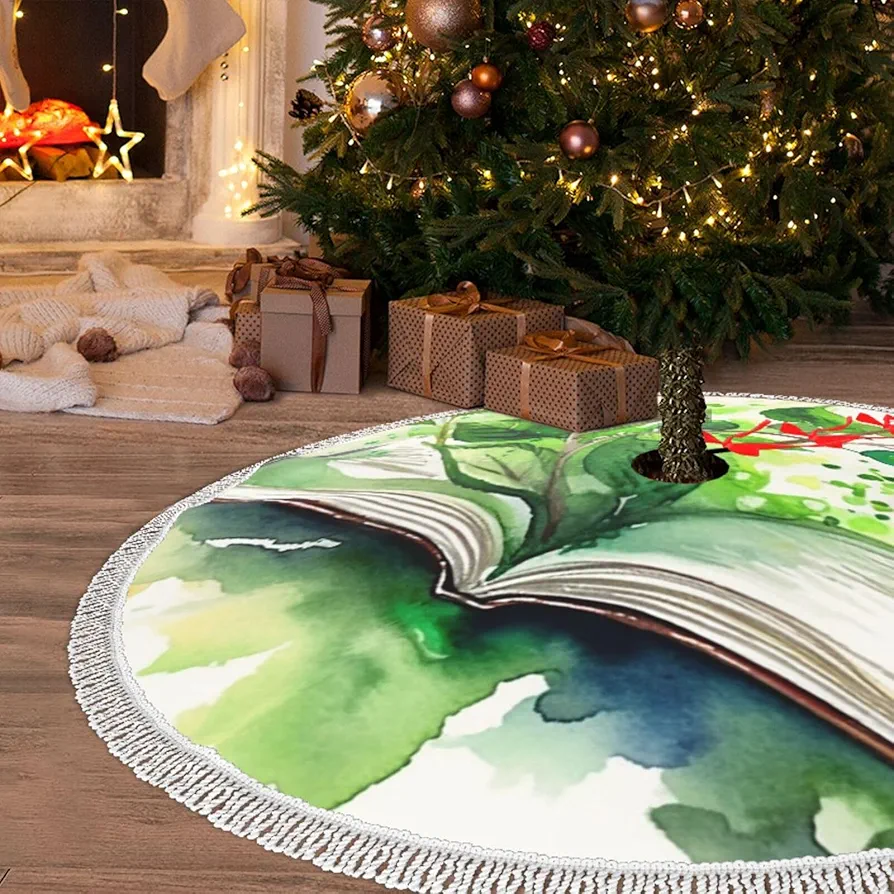 30" Christmas Tree Skirt with Tassel Watercolor Green Book Xmas Tree Skirts Tassel Tree Mat Ornament for Home Indoor Outdoor Room Holiday Decoration