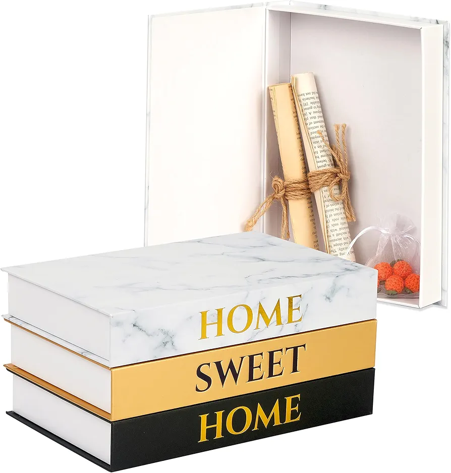 Home Sweet Home Stacked Books Decor - Set of 3 Decorative Books Storage Box - Faux Books for Decoration, Living Room, Entryway Table or Shelf Decorations