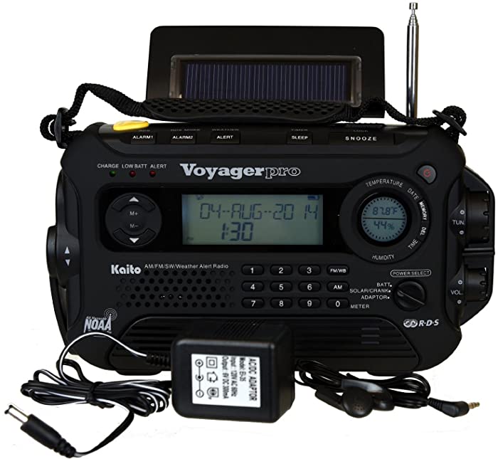 Kaito Voyager Pro KA600 Digital Solar Dynamo,Wind Up,Dynamo Cranking AM/FM/LW/SW & NOAA Weather Emergency Radio with Flashlight, Reading Lamp Alert,Smart Phone Charger & RDS and Real-Time Alert, with AC Adapter, Black