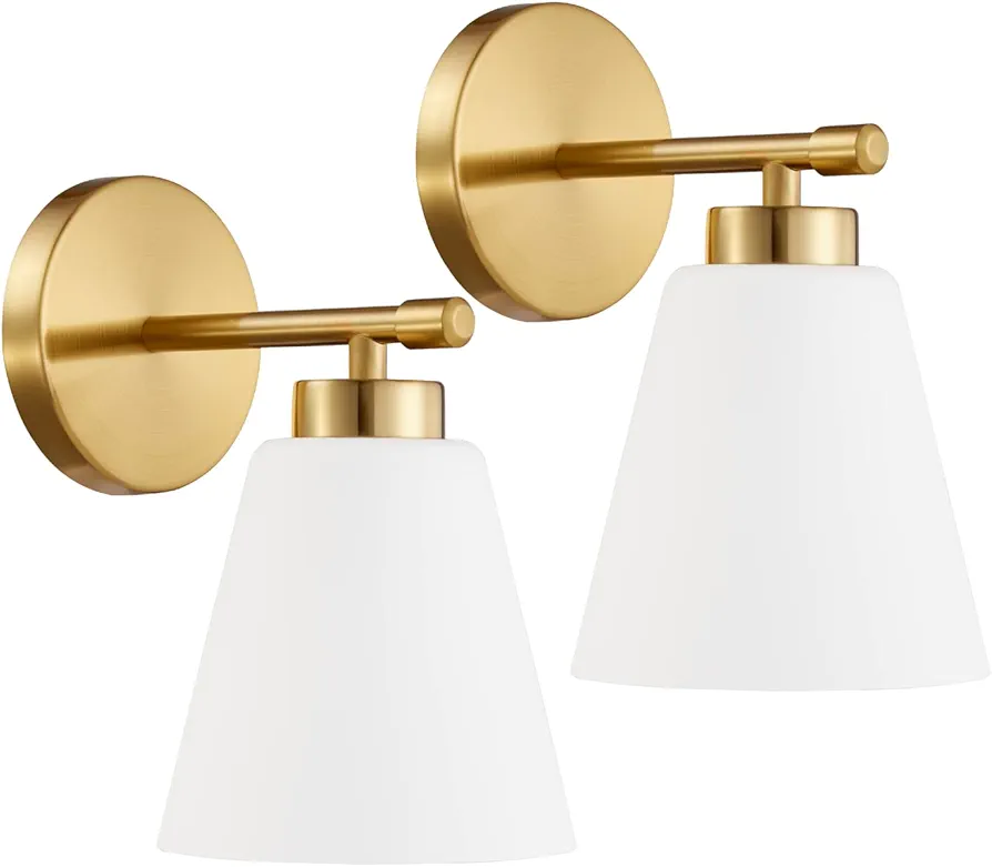 Hamilyeah Gold Sconces Wall Lighting Set of Two with Frosted Glass Shade, Industrial Bathroom Lighting Fixture with Milk Shade, Modern Brass Vanity Sconce Lighting for Bedroom, Living Room