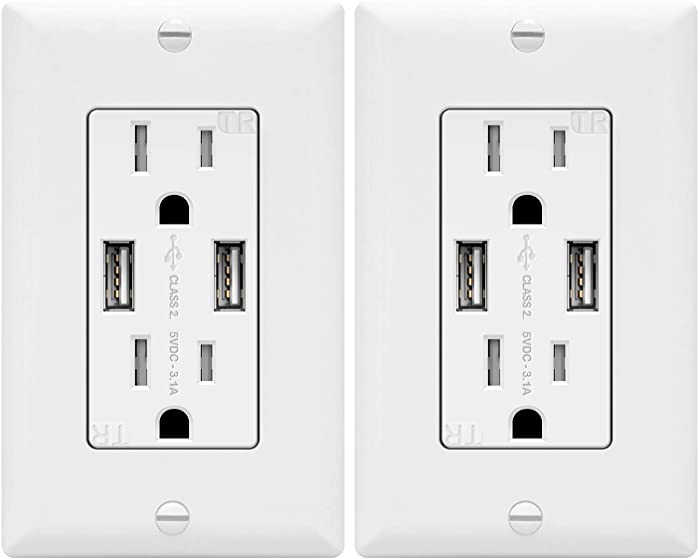 TOPGREENER 3.6A USB Wall Outlet Charger(Upgraded), 15A Duplex Tamper-Resistant Receptacles Plug, Charging Power Outlet with USB Ports, Electrical USB Socket, UL Listed, TU2153A-2PCS, White