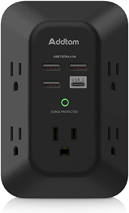 USB Wall Charger Surge Protector - Addtam 5 Outlet Extender with 4 USB Charging Ports ( 1 USB C), 3-Sided 1800J Power Strip Multi Plug Outlets Adapter Widely Spaced,Black