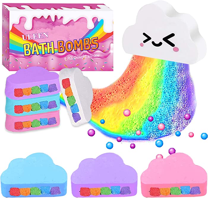 Rainbow Bath Bombs Gift Set, ULEEN 4PCS X-Large Bath Bombs for Kids Women, Rainbow Cloud Bath Bomb with Rich Bubble, Handmade with Natural Ingredients, Great Gifts for Halloween, Christmas(4 pack)