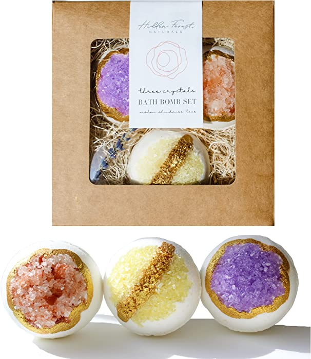 Organic & Natural Bath Bomb Gift Set of 3. Amethyst | Citrine | Rose Quartz . Includes Authentic Amethyst Crystal . Natural . Vegan . Cruelty Free . DYE Free. Essential Oils