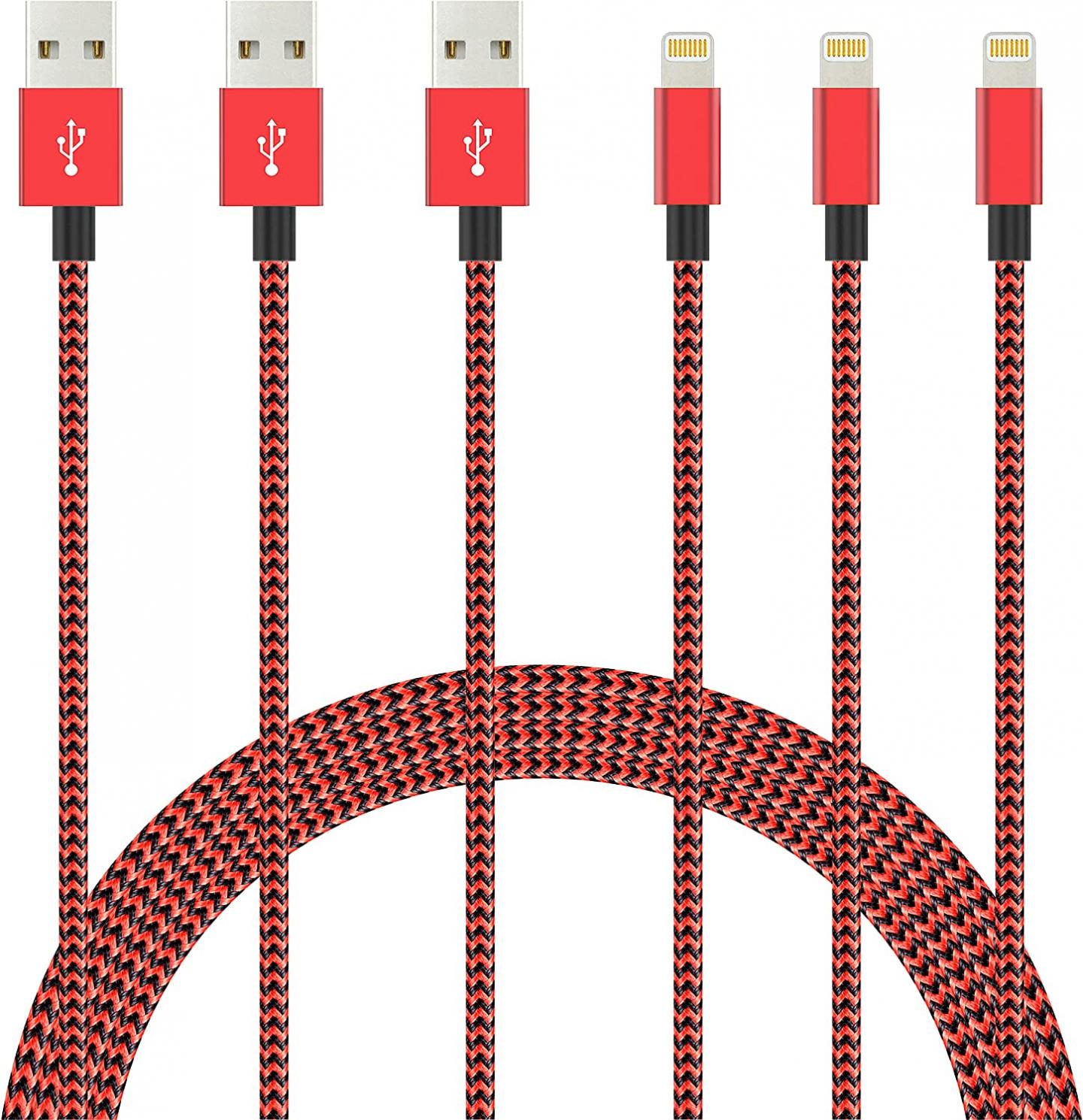 3Colors iPhone Lightning Cable, IDISON [3-Pack 6/6/6ft], Premium Fast USB Charging Cord, Apple MFi Certified for iPhone Charger, iPhone SE/Xs/XS Max/XR/X/8 Plus/7/6 Plus, Pro Air2,and More(Black Red)