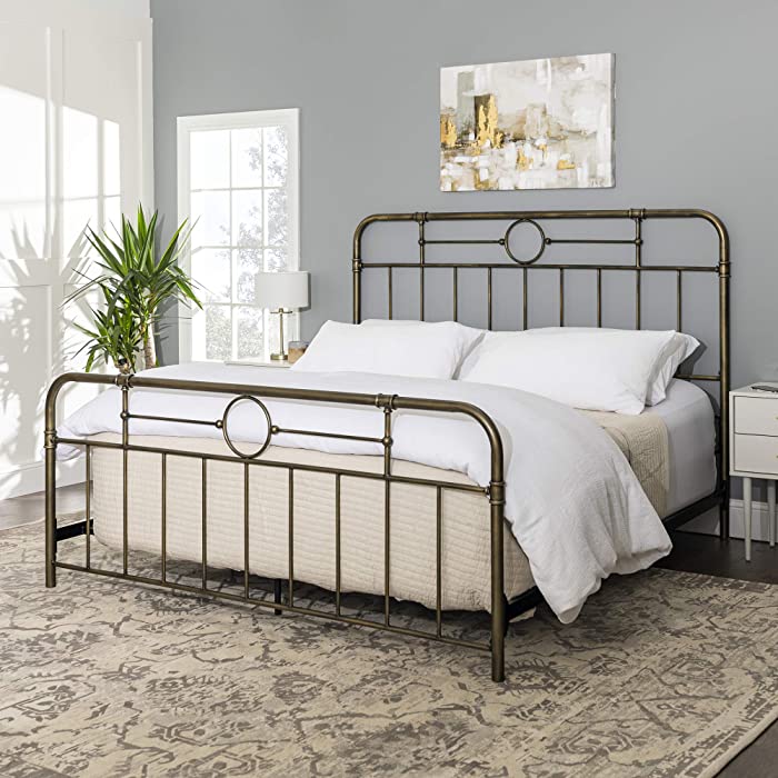 Walker Edison Vintage Antique Metal Iron Pipe King Size Bed Headboard Footboard Bed Frame Bedroom, King, Bronze