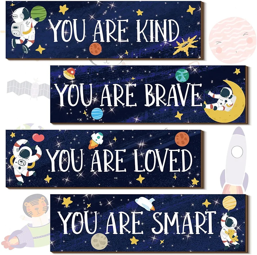 4 Pieces Space Decor Boys Room Space Posters Boy Bedroom Wall Decor Spaceman Wood Sign Inspirational Space Wall Art Boys Bedroom Decor Space Motivational Quote for Baby Kids Classroom Nursery (You)