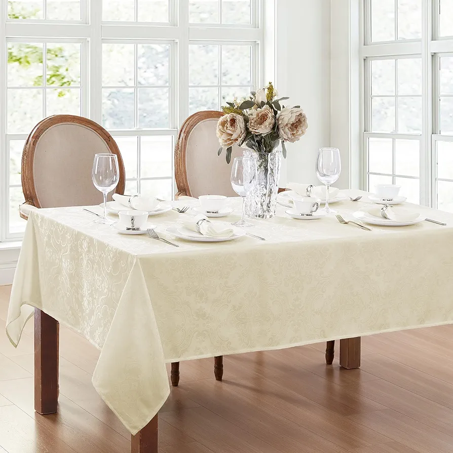 Elrene Home Fashions Caiden Elegance Damask Fabric Tablecloth, 60" x 120" Oblong/Rectangle, Ivory