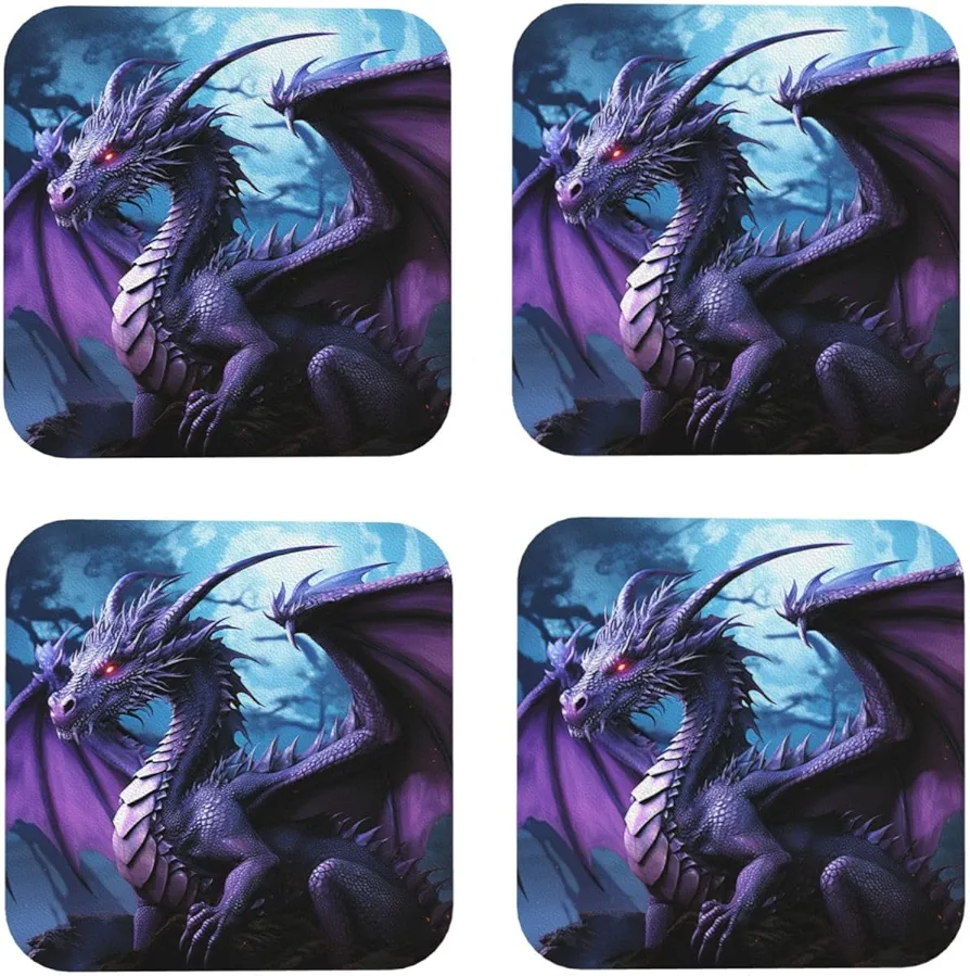 Leather Drink Coasters Set of 4 Purple Dragon Purple Moon Print Coaster with Holder Waterproof Heat-Resistant Round Cup Mat Pad for Hot Cold Drink Non-Slip Coffee Coasters for Living Room Kitchen Bar