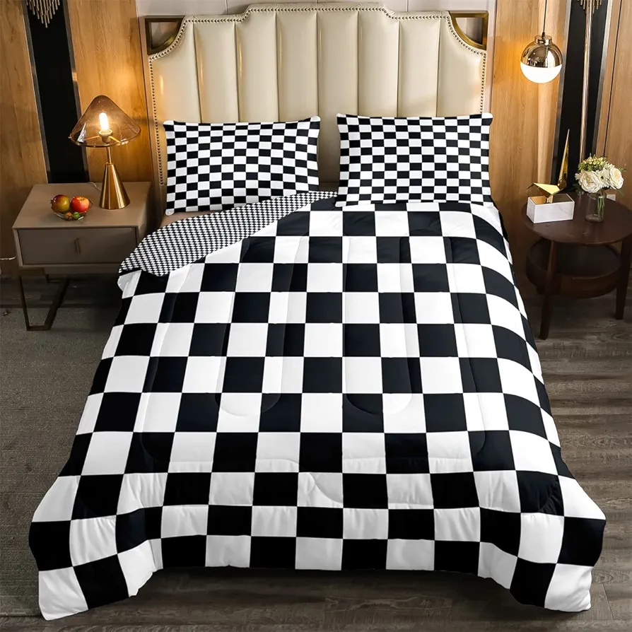 Erosebridal Black and White Grid Comforter Set Queen Geometric Checkered Bedding Set Reversible Farmhouse Buffalo Plaid Down Comforter for Kids Boys Teens Room,Gingham Check Quilt Set 2 Pillow Cases