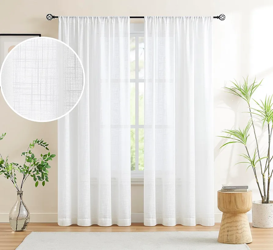 Treatmentex White Sheer Curtains for Living Room 72" Linen Textured Privacy Window Curtain Set for Bedroom Light Filtering Curtain Drapes 54“ w 2 Panels Rod Pocket