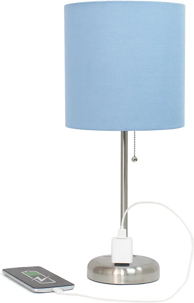 Simple Designs LT2024-BLU-2PK Two Pack Brushed Steel Stick Table Desk Lamp Set with Charging Outlet and Drum Fabric Shade for Living Room, Hallway, Nightstand, Office, Blue Shade