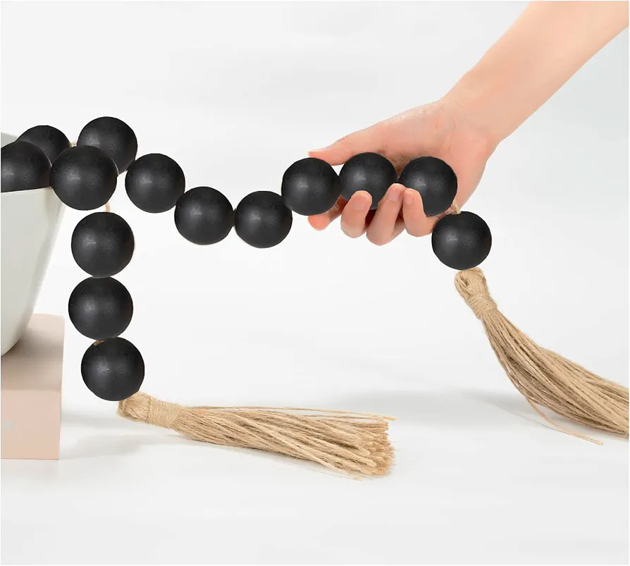 Large Wood Bead Garland Black with 1.6" Diameter Wooden Beads and Tassels, 41" Long Rustic Farmhouse Country Wood Beads Garland for Home Tiered Tray Decor, Decorative Beads Garland Black