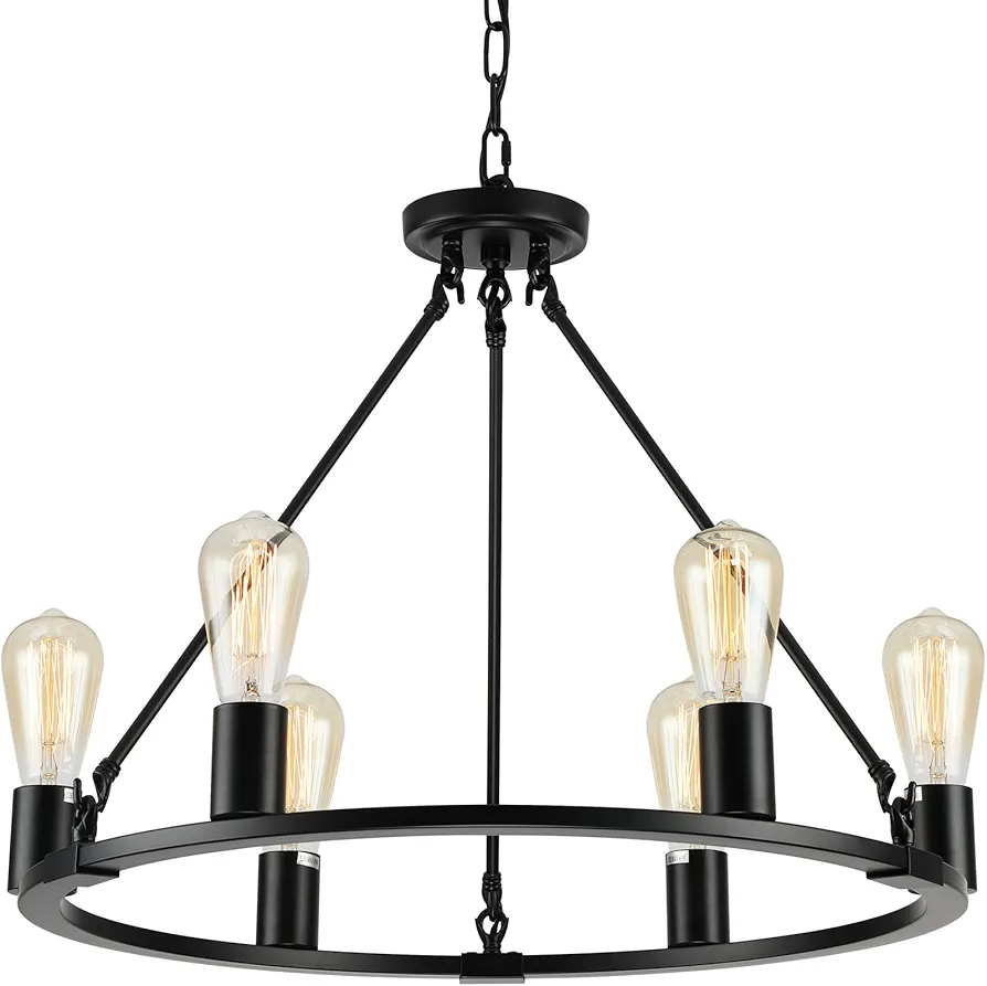 Wagon Wheel Chandeliers for Dining Room Light Fixtures over Table, Black Farmhouse Chandelier 6-Light Dia 24", Round Industrial Kitchen Chandelier for Living Room Bedroom Entryway