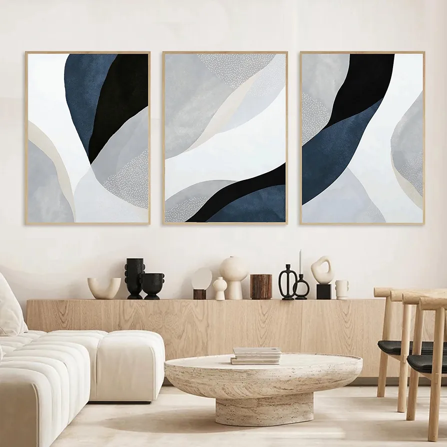 Black White and Beige Abstract Wall Art Navy Blue Beige Mid Century Print Blue Grey Painting Abstract Geometric Poster Minimalist Boho Beige White Pictures Color Block for Living Room 16x24in No Frame