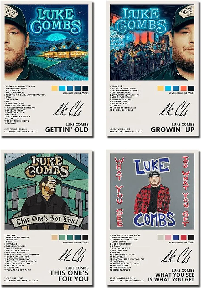 HOUKIG Luke Combs Poster Gettin' Old Poster Growin' Up Poster 4 Piece Set on Canvas - (Unframed, 8x12 Inch - 4 Count)