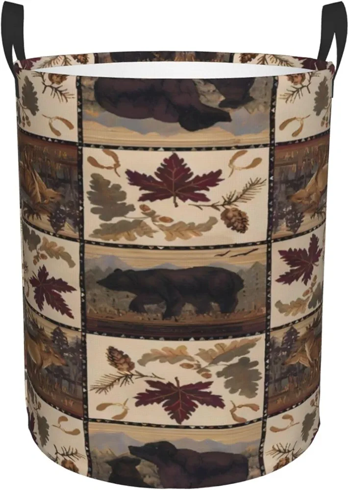 Rustic Cabin Wild Lodge Moose Bear Dirty Clothes Basket, Foldable Laundry Basket, Storage Bucket For Bedroom, Bathroom And Laundry Room, Medium, Black, RXZER23