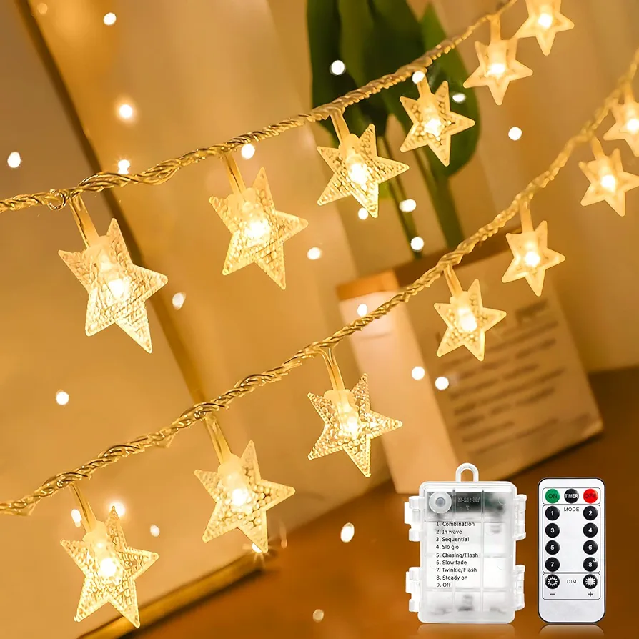 ANJAYLIA Star Lights 20 FT 40 LED Battery Operated String Lights Waterproof Battery Power Star Fairy Lights for Bedroom Indoor & Outdoor, Party, Ramadan, Christmas and Wedding Decorations Warm White