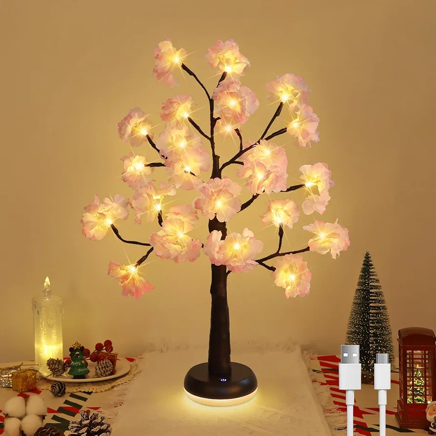 Lighted Cherry Blossom Tree, 23 in Artificial Cherry Blossom Tree with LED Lights, Battery and USB-C Powered Tree Lamp, Fairy Night Light for Bedside, Wedding, Living Room, Home Decor Indoor