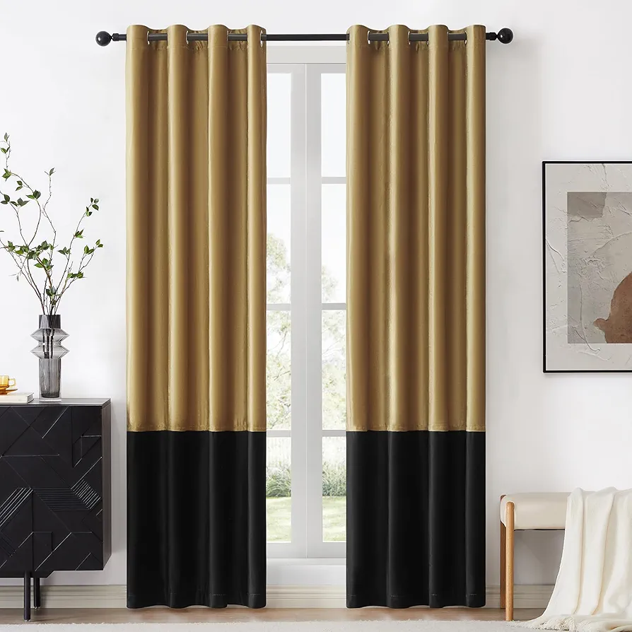 BULBUL Color Block Window Curtains Panels 84 inches Long Gold Black Velvet Farmhouse Drapes for Bedroom Living Room Darkening Treatment with Grommet Set of 2