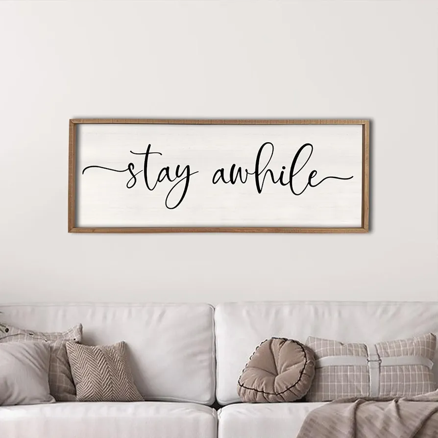 Stay Awhile Sign Wall Decor 40"X15" Large Solid Wood Frame For Hallway Living Room Entryway Farmhouse Wall Art Lets Stay Family Home Rustic Hanging Decoration (Wood)