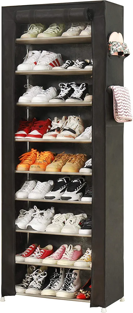 PENGKE 9-Tier Shoe Storage Organizer with Dustproof Cover - Closet Cabinet Shelf Holds up to 27 Pairs - For Doorway, Corridor, Balcony, Living Room - Black