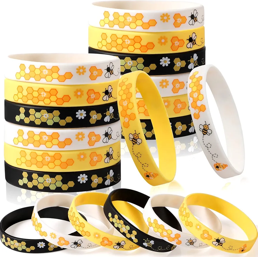 Bee Bracelet Silicone Bee Wristband Assorted Color Bee Theme Party Favors Bee Teachers Decorations Classroom Decorations Bees Wristband for Boy Girl Bee Birthday Baby Shower Party Supply (96 Pieces)