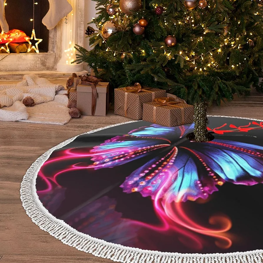 Christmas Tree Skirt with Tassel Dancing Butterfly 48" Xmas Tree Skirts Tassel Tree Mat Ornament for Home Indoor Outdoor Room Holiday Decoration