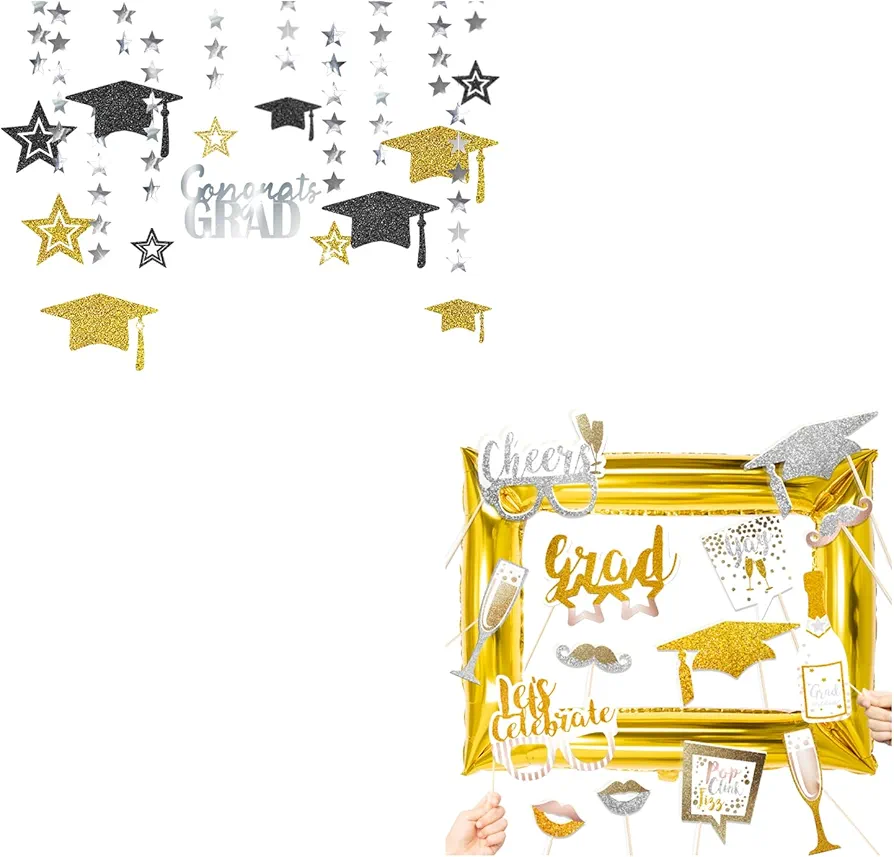 Cheerland Black and Gold Graduation Hat Garlands with Gold Grad Photo Props for Photo Booth Glitter Streamers Banner Backgrounds and Classroom Decoration and Supplies