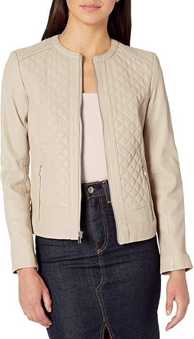 Cole Haan Women's Jewel Neck Quilted Leather Jacket