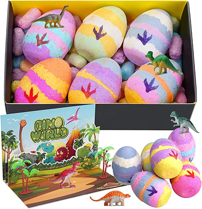 Dinosaur Bath Bombs for Kids - 6pc Extra Large Organic Egg-Shaped Bath Bombs with Surprise Dino Toy - Colorful Fizzy Bath Bombs for Birthday & Christmas Gifts - Bubble Bath Safe for Sensitive Skin