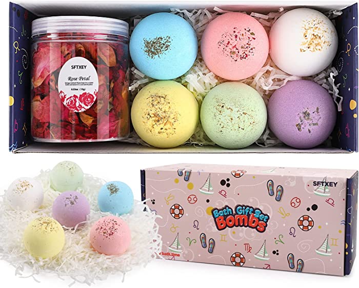 SFTXEY Bath Bombs with Rose Petals 6 Pcs Bath Bombs for Women, Handmade Bubble Bath Bomb Gift Set, Rich in Essential Oils, Sea Salt, Can Moisturize Skin, Perfect Christmas Spa Gifts for Kids, Her/Him