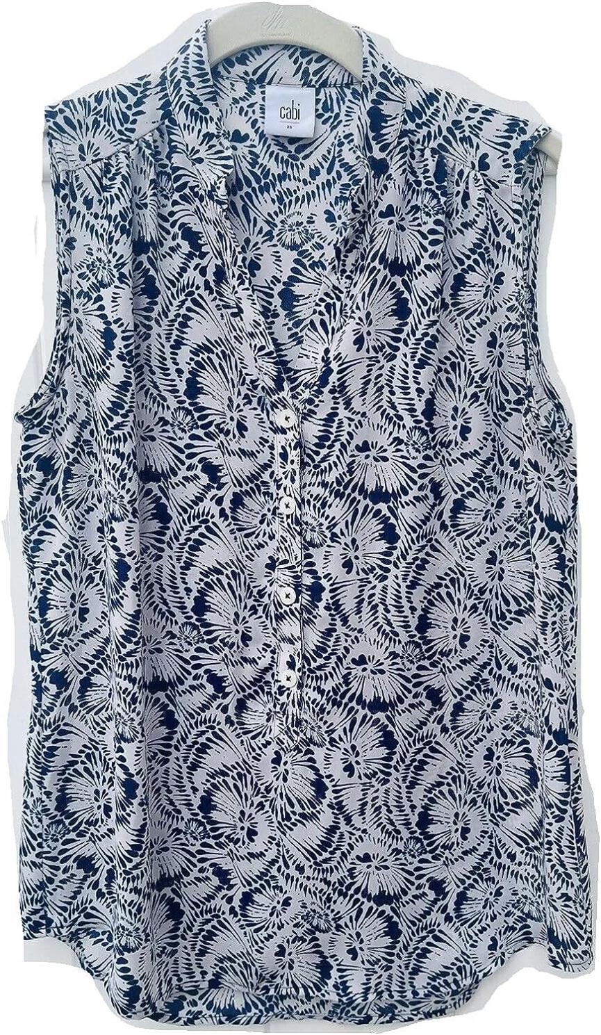 cabi Plaza Top Sleeveless Henley Blouse Blue & White