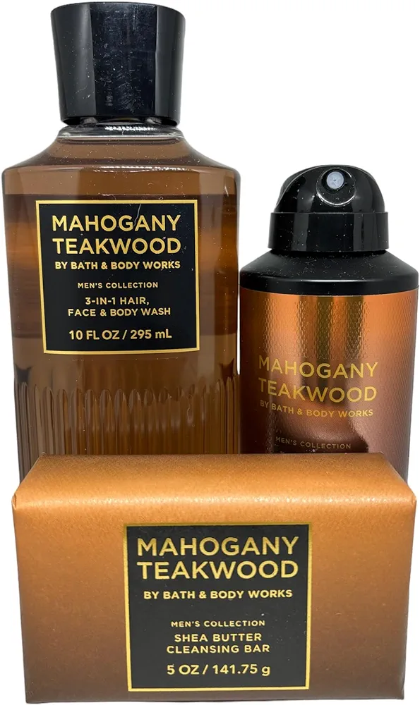 Bath & Body Works 2023 Men's Collection Scent MAHOGANY TEAKWOOD 3-Piece Bundle Cologne Body Spray - Shea Butter Bar Soap - Shower Gel