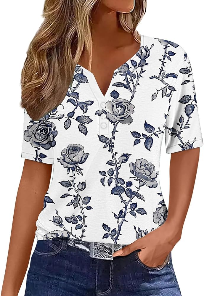 Ceboyel Women Floral Summer Tops 2024 V Neck Henley Shirts Boho Dressy Casual Tunic Blouses Fashion Trendy Ladies Clothing