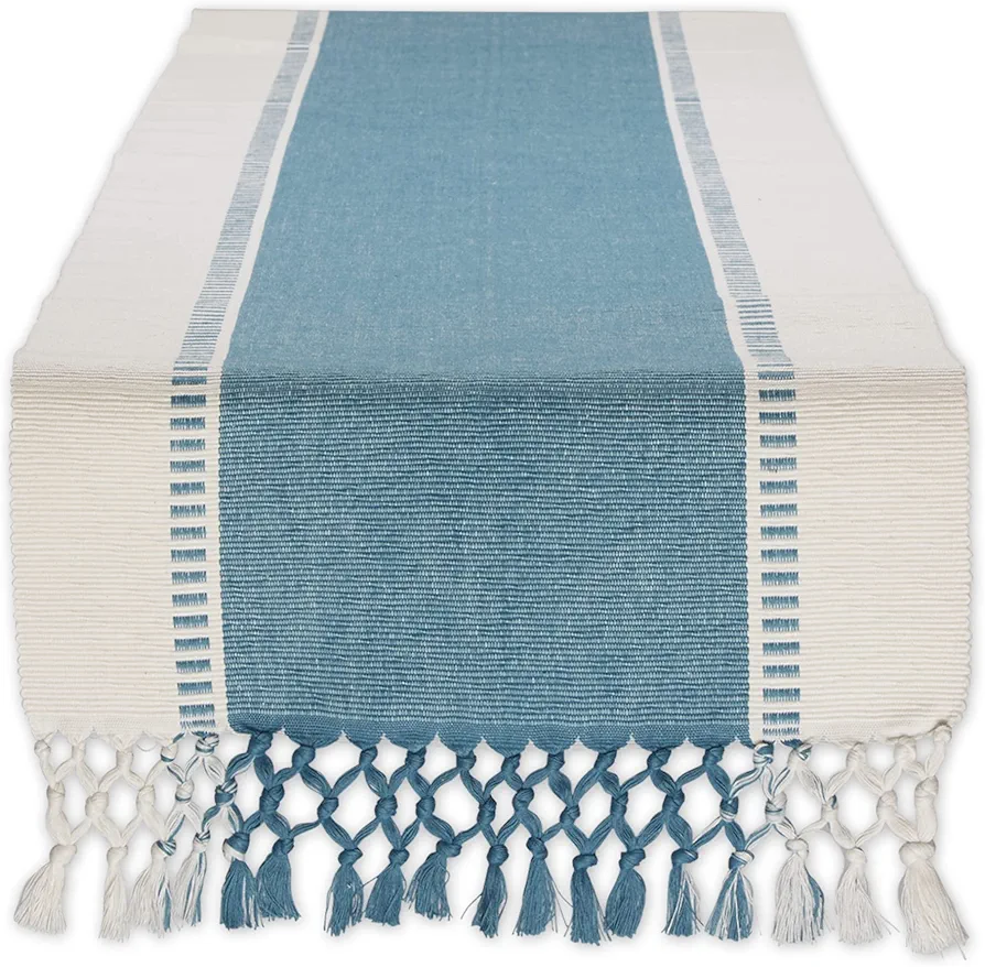 DII Dobby Stripe Woven Table Runner, 13x72 (13x77.5, Fringe Included), Storm Blue