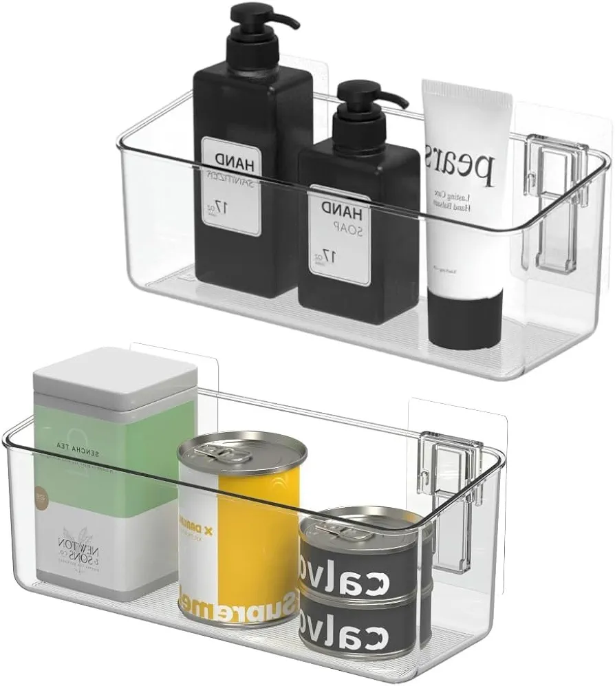 Adhesive Wall Mounted Small Storage Organizer Bins 2 Set Without Drilling for Bathroom, Pantry, Kitchen, Laundry, Utility Room, Inside of Cabinet Door Clear