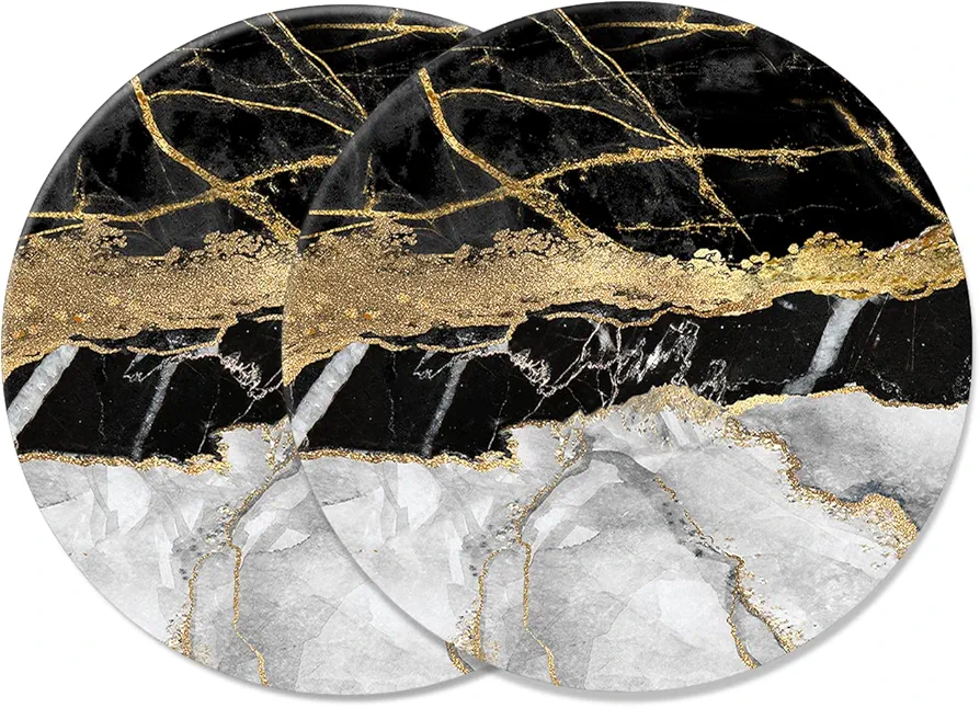 2Pcs Absorbent Drink Coasters Black Gold Grey Marble Pattern Round Coaster with Cork Backing Non-Slip for Home Office 4in