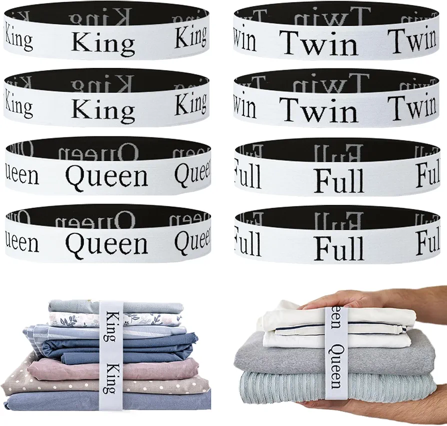 8 Pieces Bed Sheet Organizer Bands, Elastic Bed Sheet Straps Organizer and Storage Keepers, Linen Labels Bedding Bands for Closet, Bedroom, Dorm and Laundry Room (King Queen Twin Full)